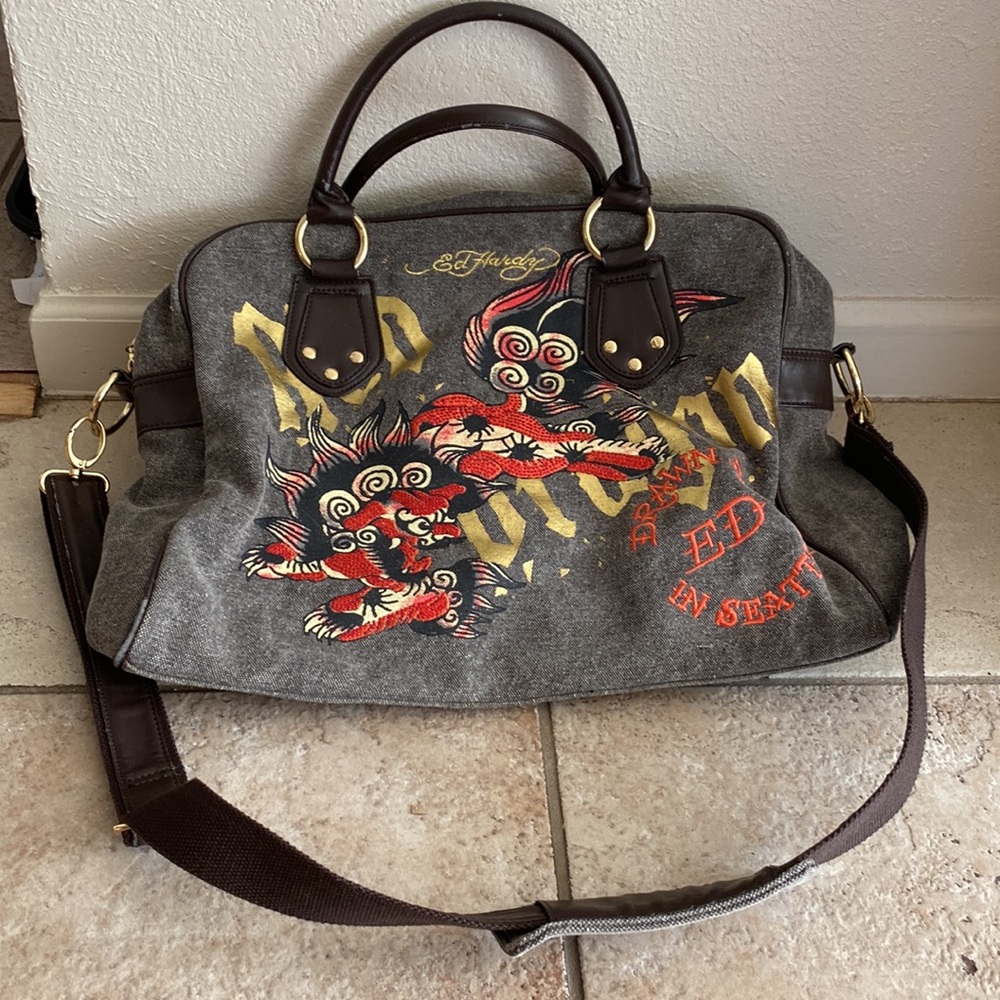 Ed hardy studded red dragon luggage tote carry on large shoulder bag crossbody